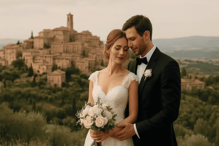 Destination wedding Sicily cost planning with elegant couple and Sicilian landscape