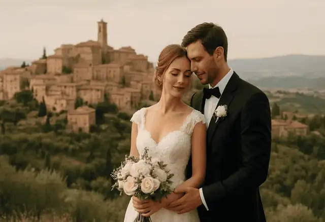 Bride and groom in a refined Sicilian countryside destination wedding setting