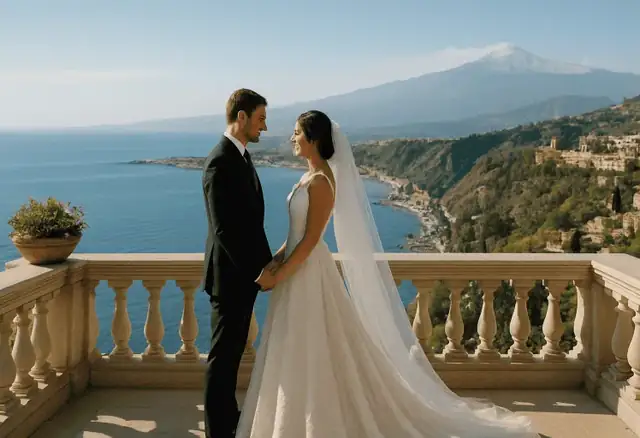 Couple overlooking Taormina and Mount Etna during a luxury wedding experience